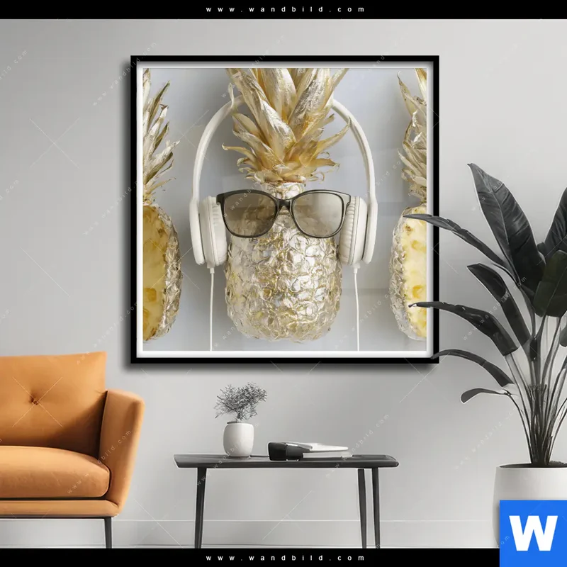 Poster | Goldene Ananas mit Kopfhörern | Quadrat