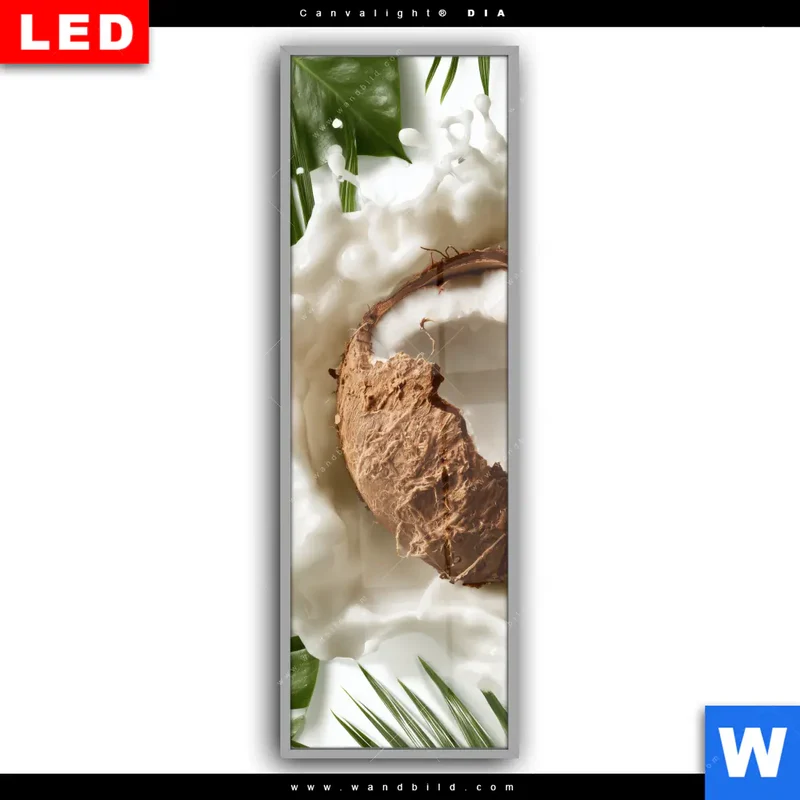 Leuchtbild Acrylglas Canvalight® DIA | Kokosnuss mit Kokosmilch & Palmenblättern | Schmal