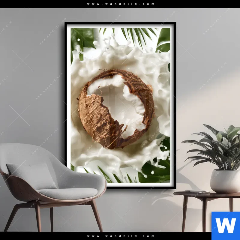 Poster | Kokosnuss mit Kokosmilch & Palmenblättern | Hochformat