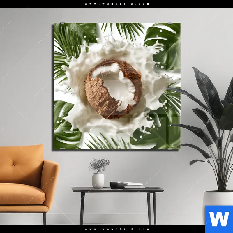 Acrylglasbild | Kokosnuss mit Kokosmilch & Palmenblättern | Quadrat