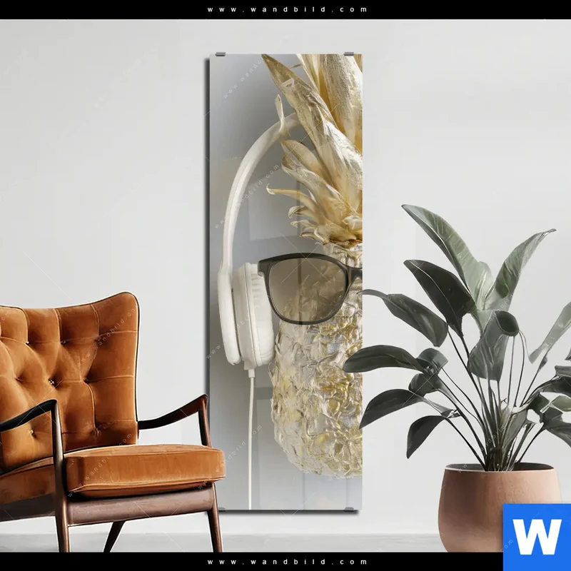 Acrylglasbild | Goldene Ananas mit Kopfhörern | Schmal