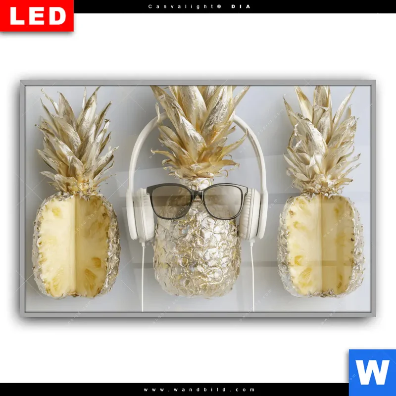 Leuchtbild Acrylglas Canvalight® DIA | Goldene Ananas mit Kopfhörern | Querformat
