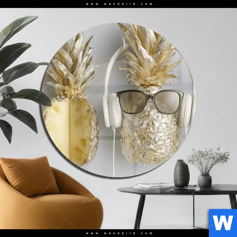 Acrylglasbild | Goldene Ananas mit Kopfhörern | Rund