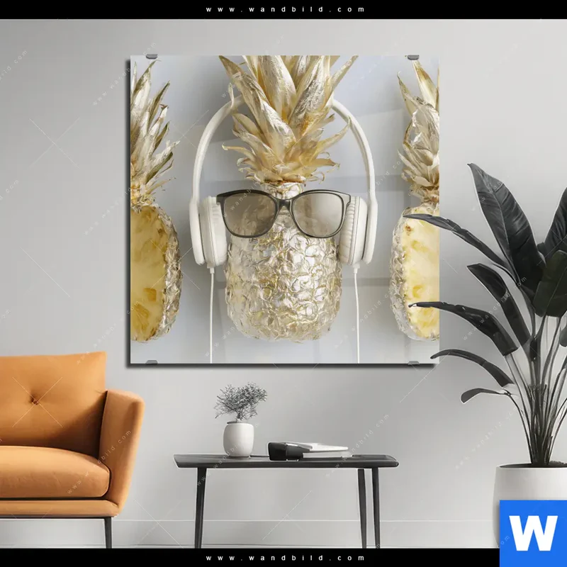 Acrylglasbild | Goldene Ananas mit Kopfhörern | Quadrat