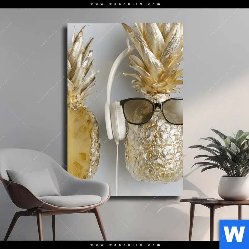 Leinwandbild | Goldene Ananas mit Kopfhörern | Hochformat
