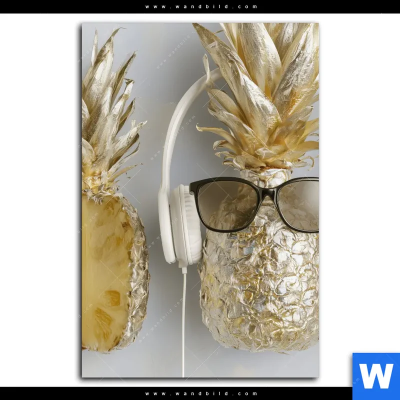 Leinwandbild | Goldene Ananas mit Kopfhörern | Hochformat