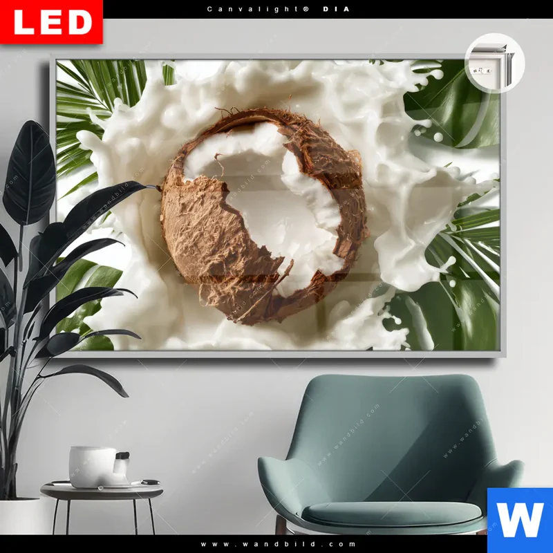 Leuchtbild Acrylglas Canvalight® DIA | Kokosnuss mit Kokosmilch & Palmenblättern | Querformat