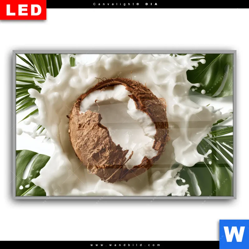 Leuchtbild Acrylglas Canvalight® DIA | Kokosnuss mit Kokosmilch & Palmenblättern | Querformat