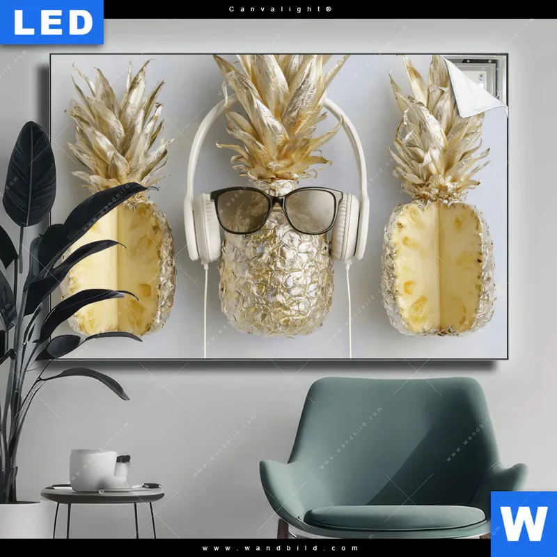 Canvalight® Leuchtbild | Goldene Ananas mit Kopfhörern | Querformat