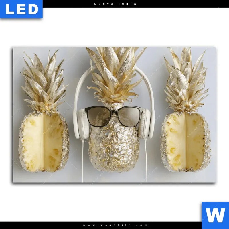 Canvalight® Leuchtbild | Goldene Ananas mit Kopfhörern | Querformat