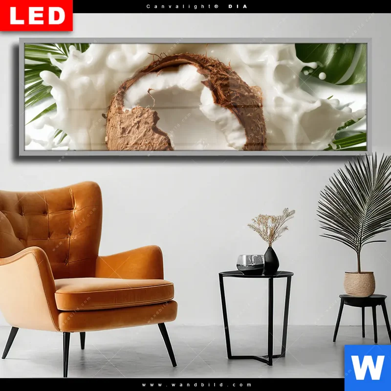 Wechselmotiv Acrylglas Canvalight® DIA | Kokosnuss mit Kokosmilch & Palmenblättern | Panorama