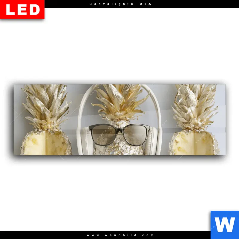 Wechselmotiv Acrylglas Canvalight® DIA | Goldene Ananas mit Kopfhörern | Panorama
