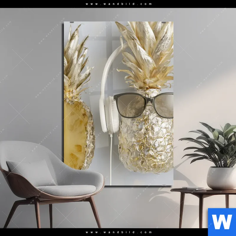 Acrylglasbild | Goldene Ananas mit Kopfhörern | Hochformat