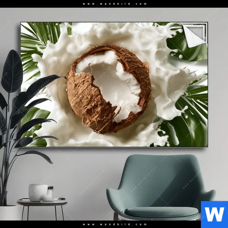 Spannbild | Kokosnuss mit Kokosmilch & Palmenblättern | Querformat
