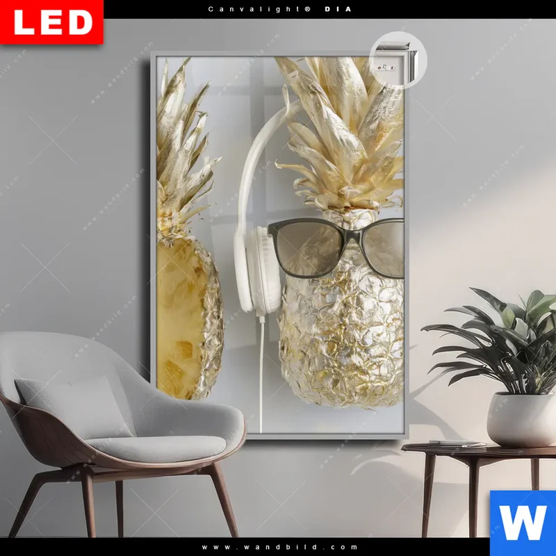 Leuchtbild Acrylglas Canvalight® DIA | Goldene Ananas mit Kopfhörern | Hochformat