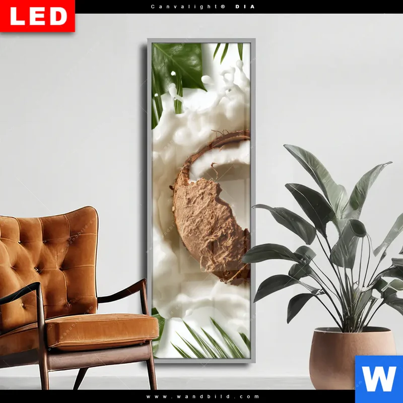 Wechselmotiv Acrylglas Canvalight® DIA | Kokosnuss mit Kokosmilch & Palmenblättern | Schmal