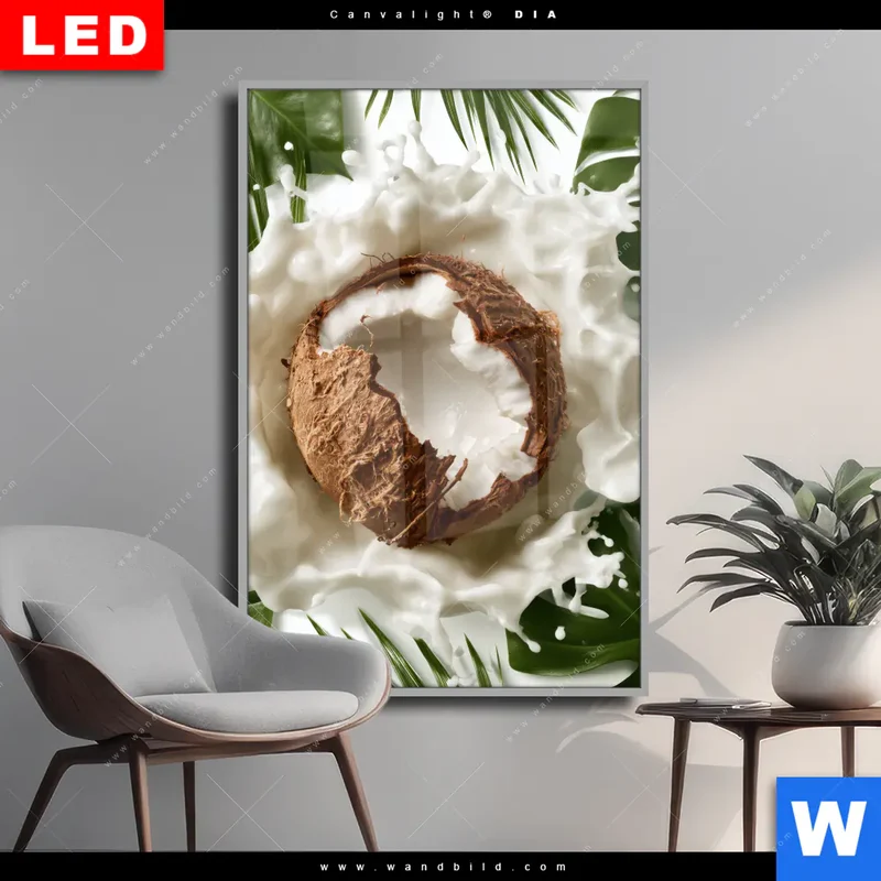 Wechselmotiv Acrylglas Canvalight® DIA | Kokosnuss mit Kokosmilch & Palmenblättern | Hochformat