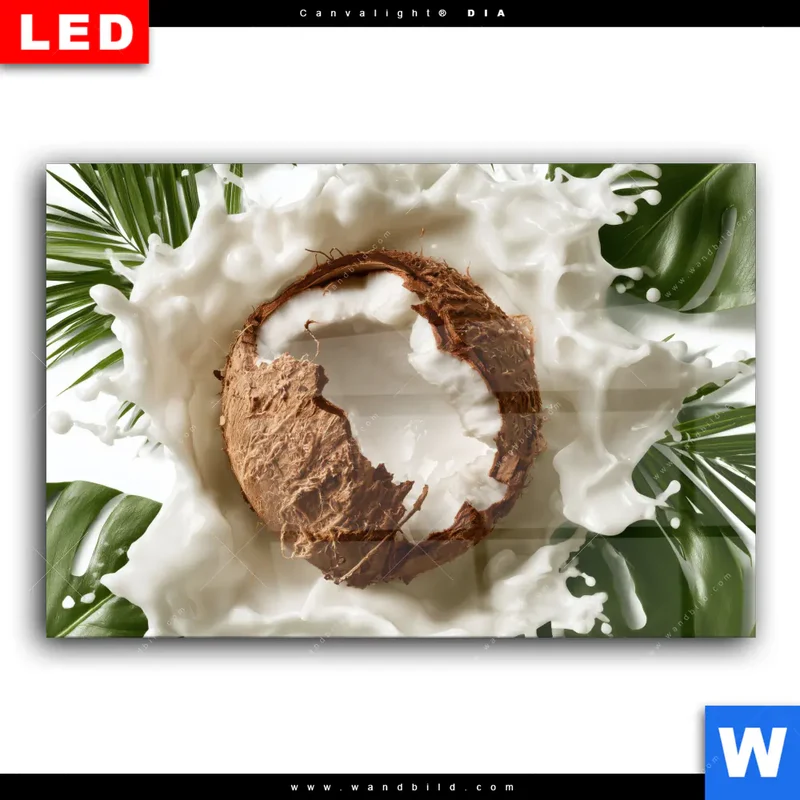 Wechselmotiv Acrylglas Canvalight® DIA | Kokosnuss mit Kokosmilch & Palmenblättern | Querformat