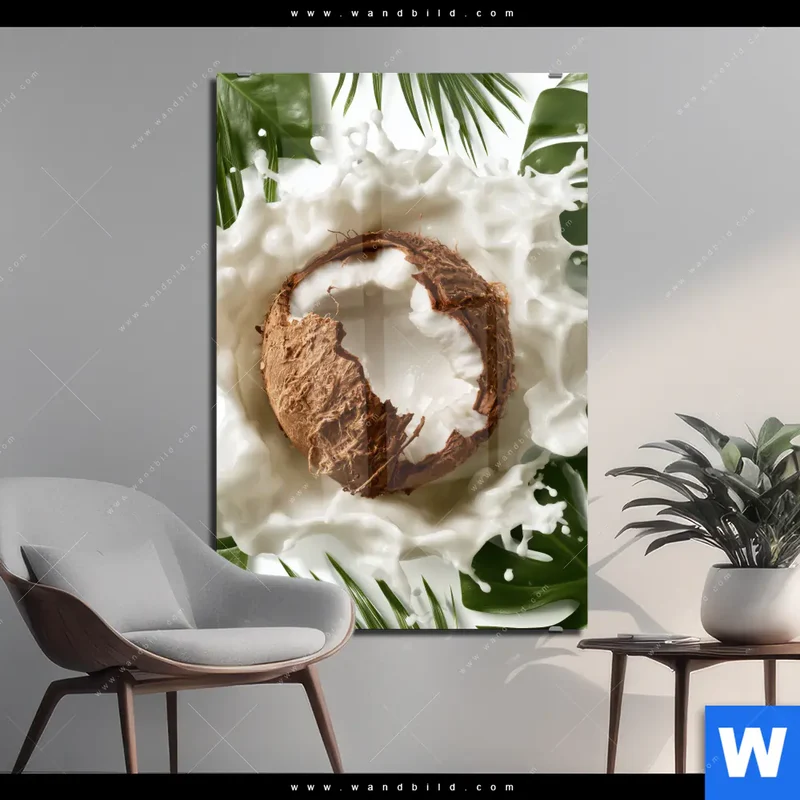 Acrylglasbild | Kokosnuss mit Kokosmilch & Palmenblättern | Hochformat