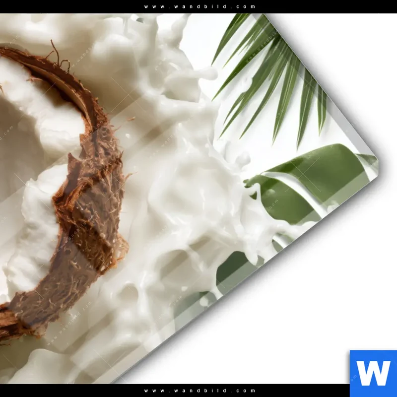 Acrylglasbild | Kokosnuss mit Kokosmilch & Palmenblättern | Hochformat