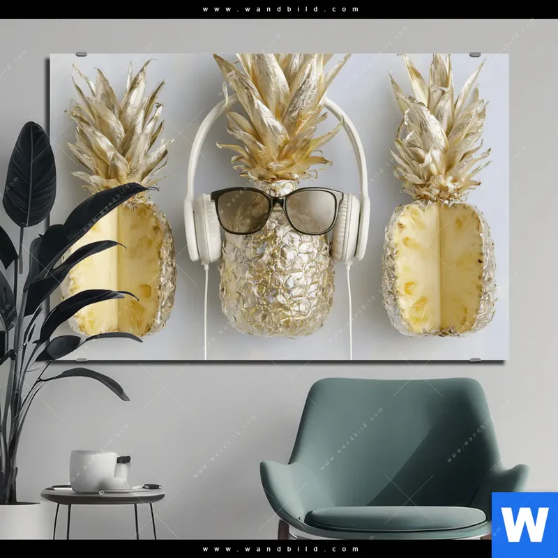 Alu-Dibond Bild | Goldene Ananas mit Kopfhörern | Querformat