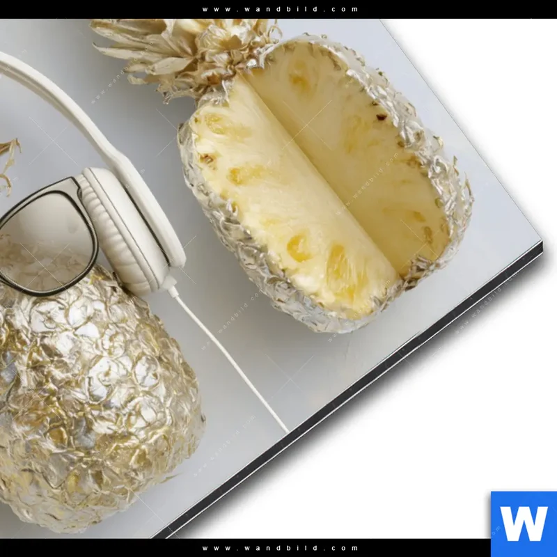 Alu-Dibond Bild | Goldene Ananas mit Kopfhörern | Querformat