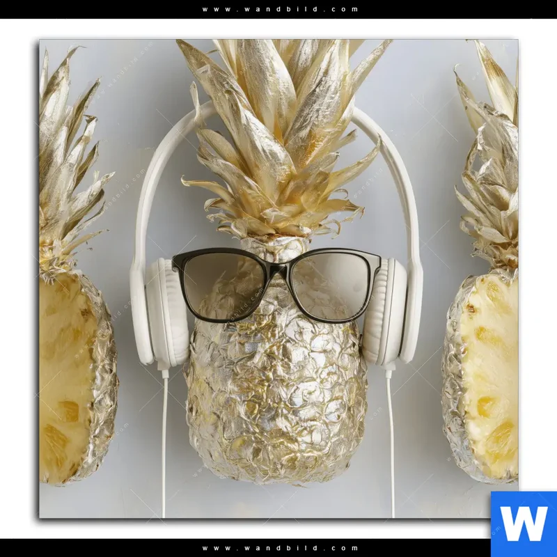 Alu-Dibond Bild | Goldene Ananas mit Kopfhörern | Quadrat