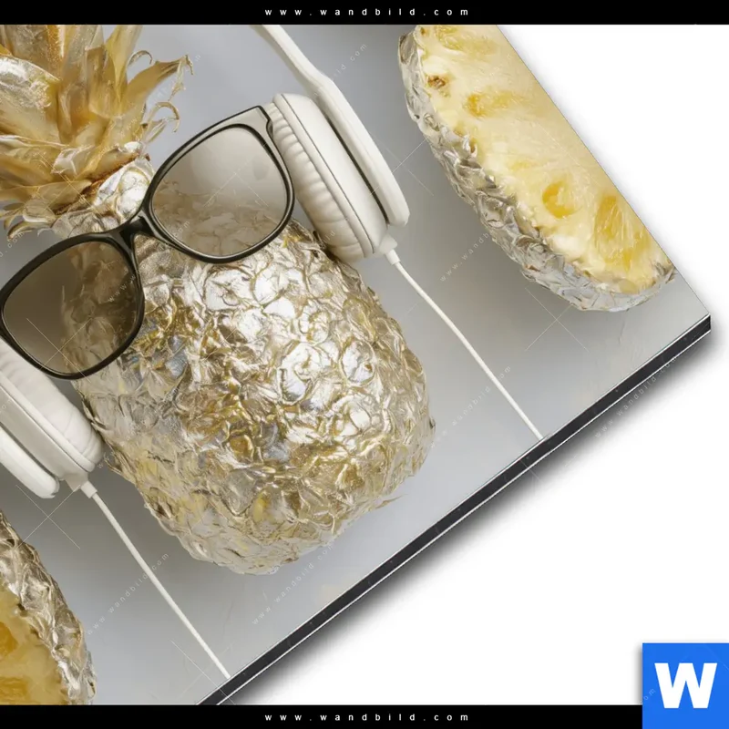Alu-Dibond Bild | Goldene Ananas mit Kopfhörern | Quadrat