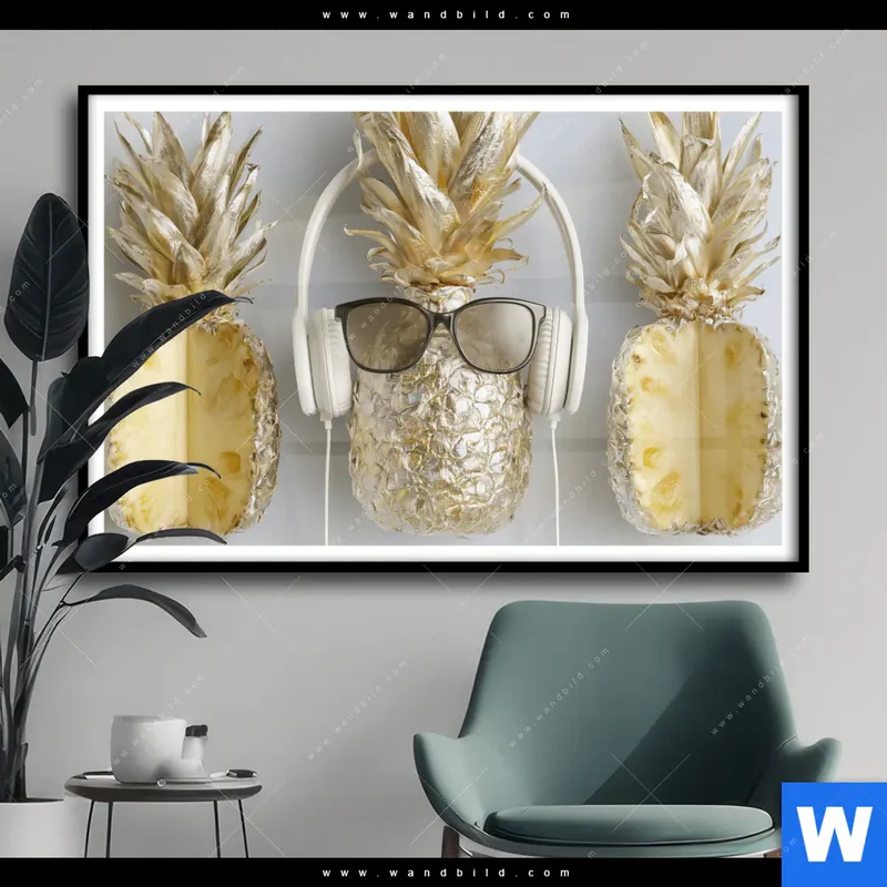 Poster | Goldene Ananas mit Kopfhörern | Querformat