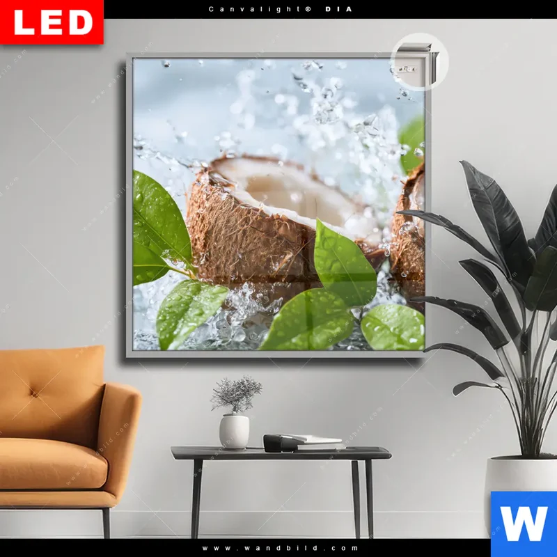 Leuchtbild Acrylglas Canvalight® DIA | Frische Kokosnuss im Wassersplash | Quadrat