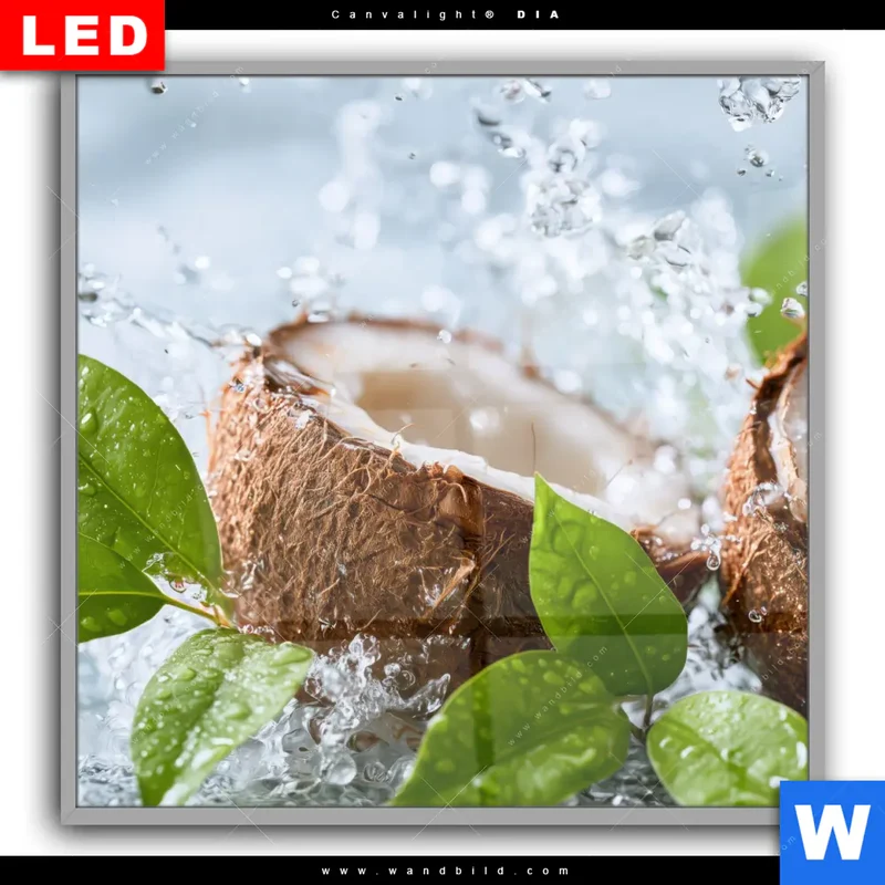 Leuchtbild Acrylglas Canvalight® DIA | Frische Kokosnuss im Wassersplash | Quadrat
