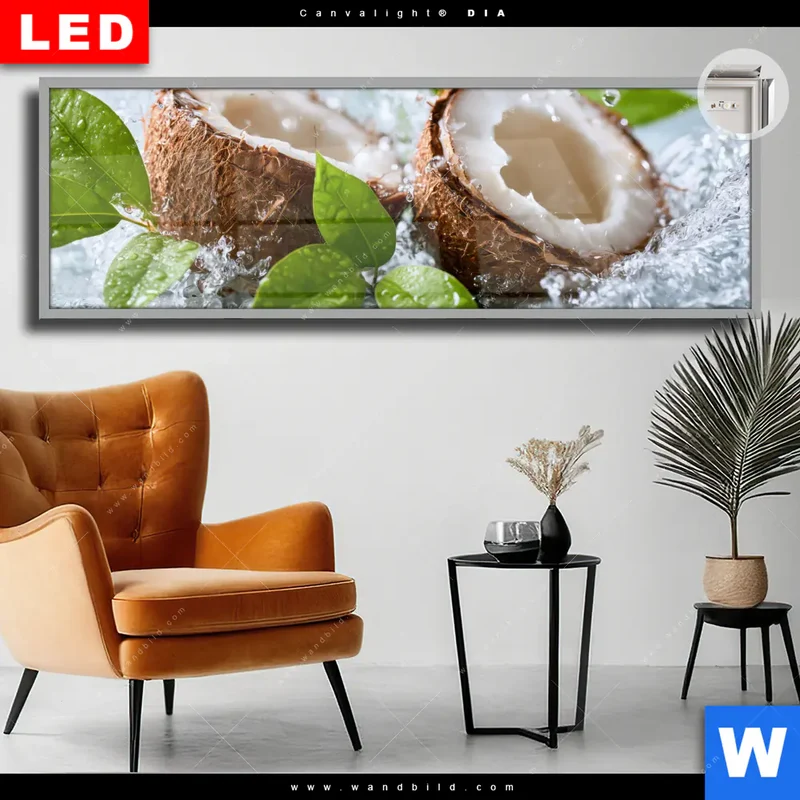 Leuchtbild Acrylglas Canvalight® DIA | Frische Kokosnuss im Wassersplash | Panorama