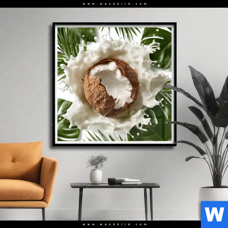 Poster | Kokosnuss mit Kokosmilch & Palmenblättern | Quadrat