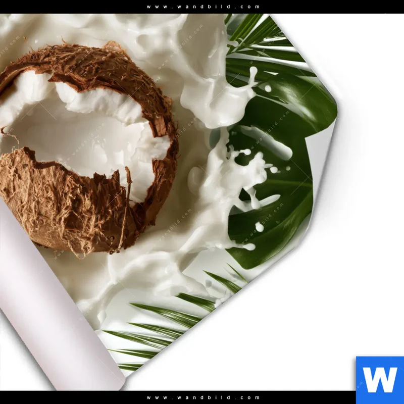 Poster | Kokosnuss mit Kokosmilch & Palmenblättern | Quadrat