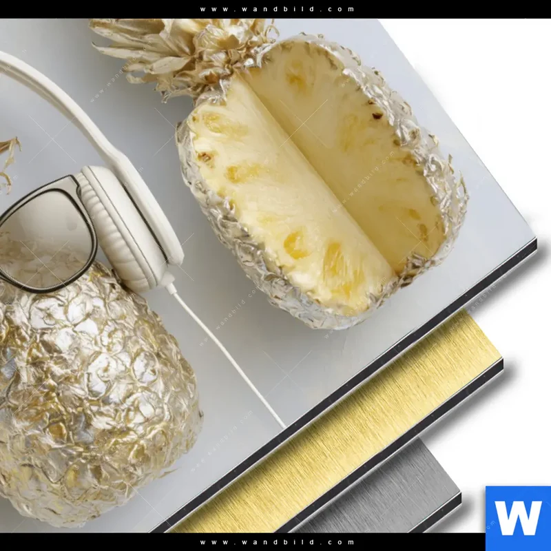 Aluminiumbild gebürstet | Goldene Ananas mit Kopfhörern | Querformat