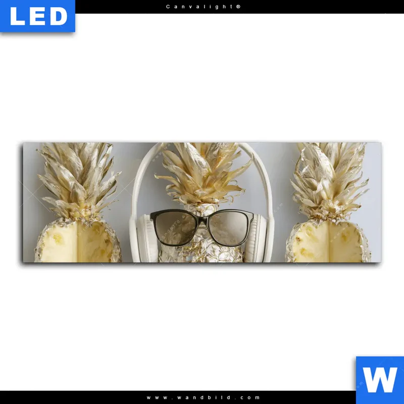 Canvalight® Leuchtbild | Goldene Ananas mit Kopfhörern | Panorama