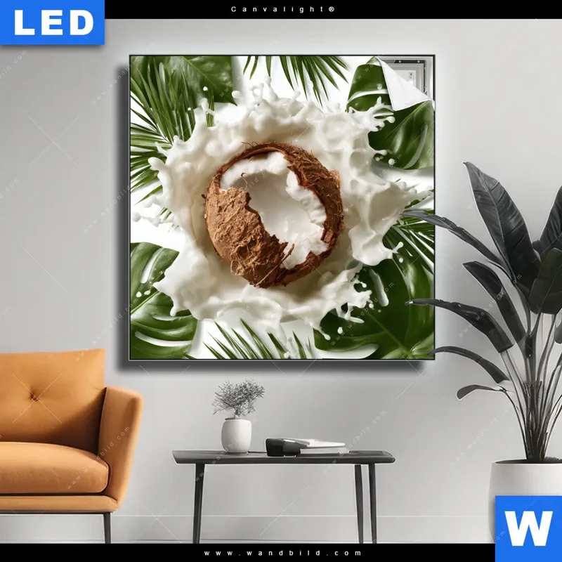 Canvalight® Leuchtbild | Kokosnuss mit Kokosmilch & Palmenblättern | Quadrat