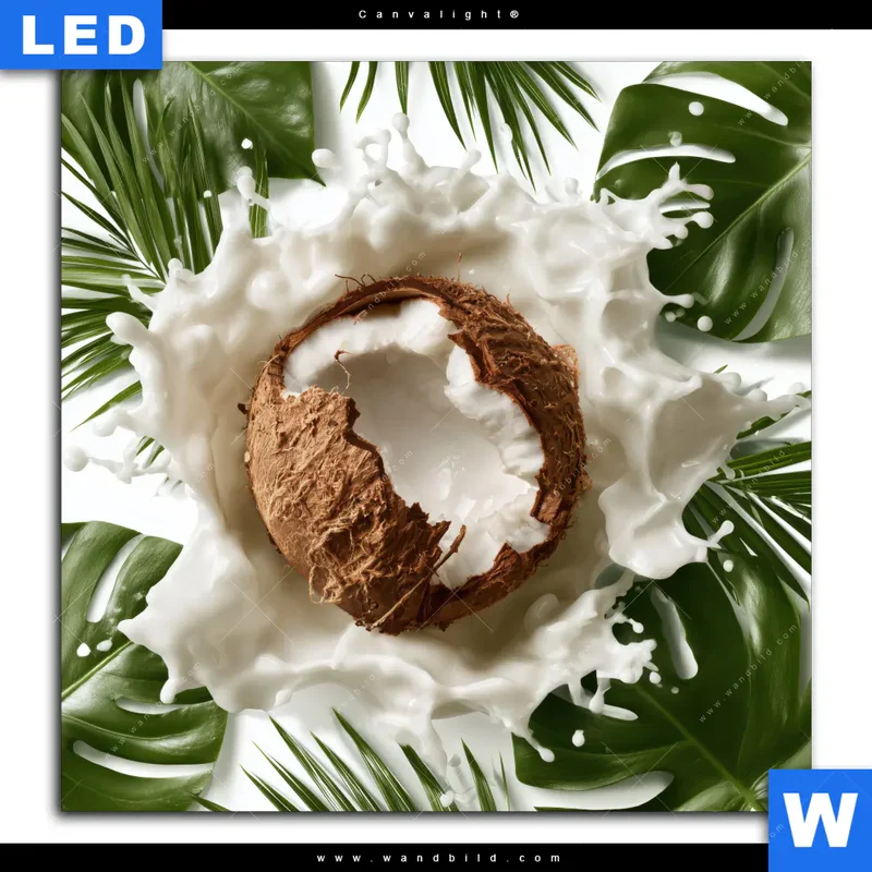 Canvalight® Leuchtbild | Kokosnuss mit Kokosmilch & Palmenblättern | Quadrat