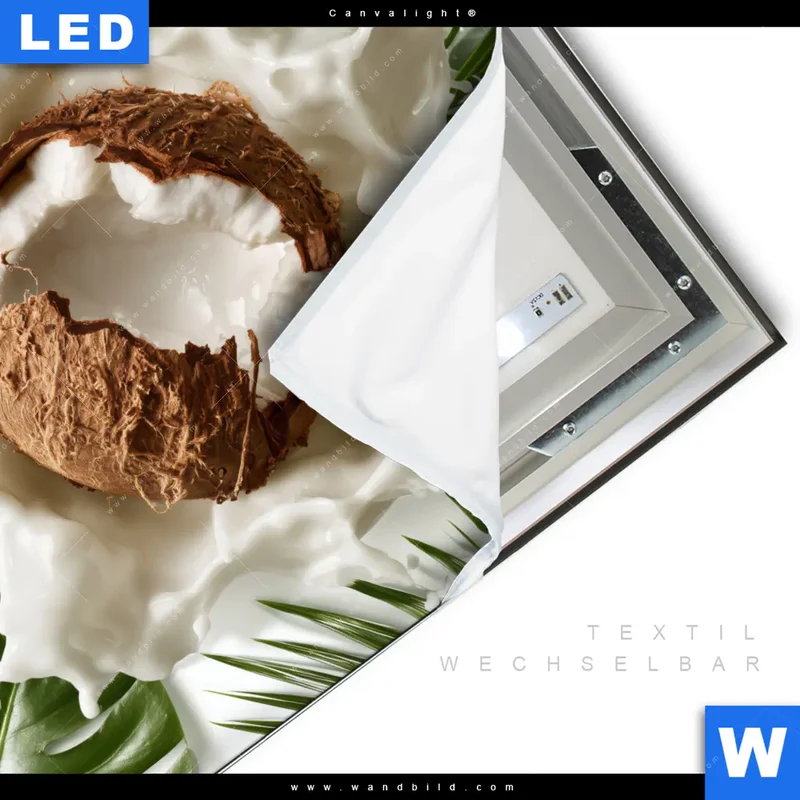 Canvalight® Leuchtbild | Kokosnuss mit Kokosmilch & Palmenblättern | Quadrat