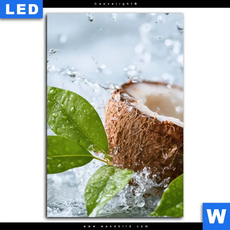 Canvalight® Leuchtbild | Frische Kokosnuss im Wassersplash | Hochformat