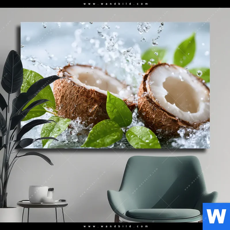 Leinwandbild | Frische Kokosnuss im Wassersplash | Querformat