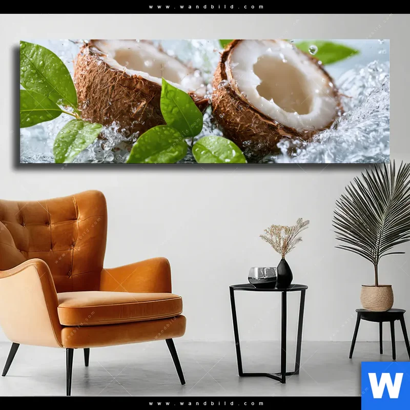 Leinwandbild | Frische Kokosnuss im Wassersplash | Panorama