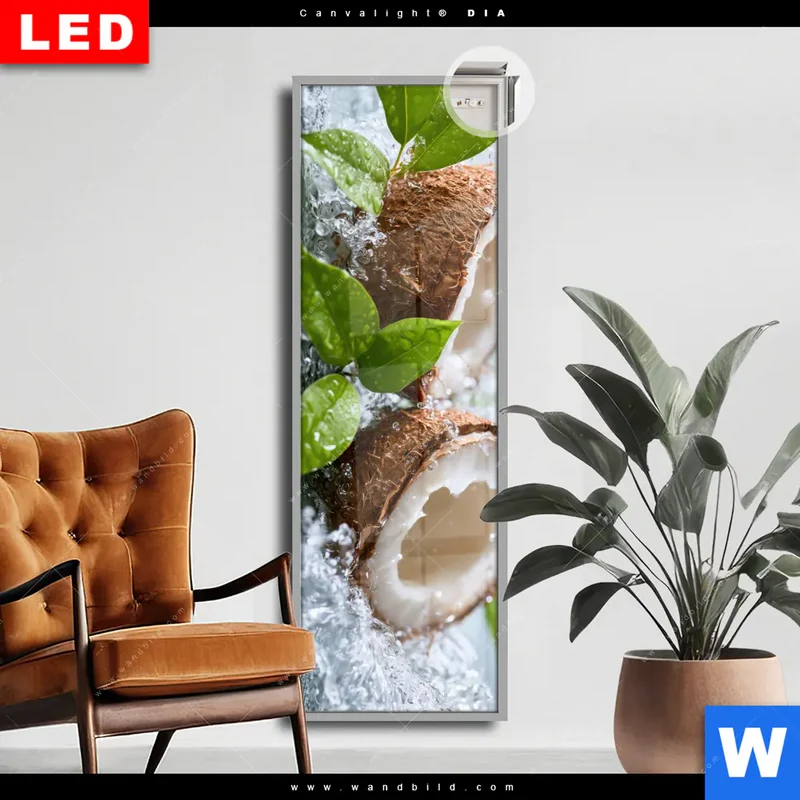 Leuchtbild Acrylglas Canvalight® DIA | Frische Kokosnuss im Wassersplash | Schmal