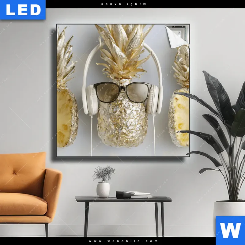 Canvalight® Leuchtbild | Goldene Ananas mit Kopfhörern | Quadrat