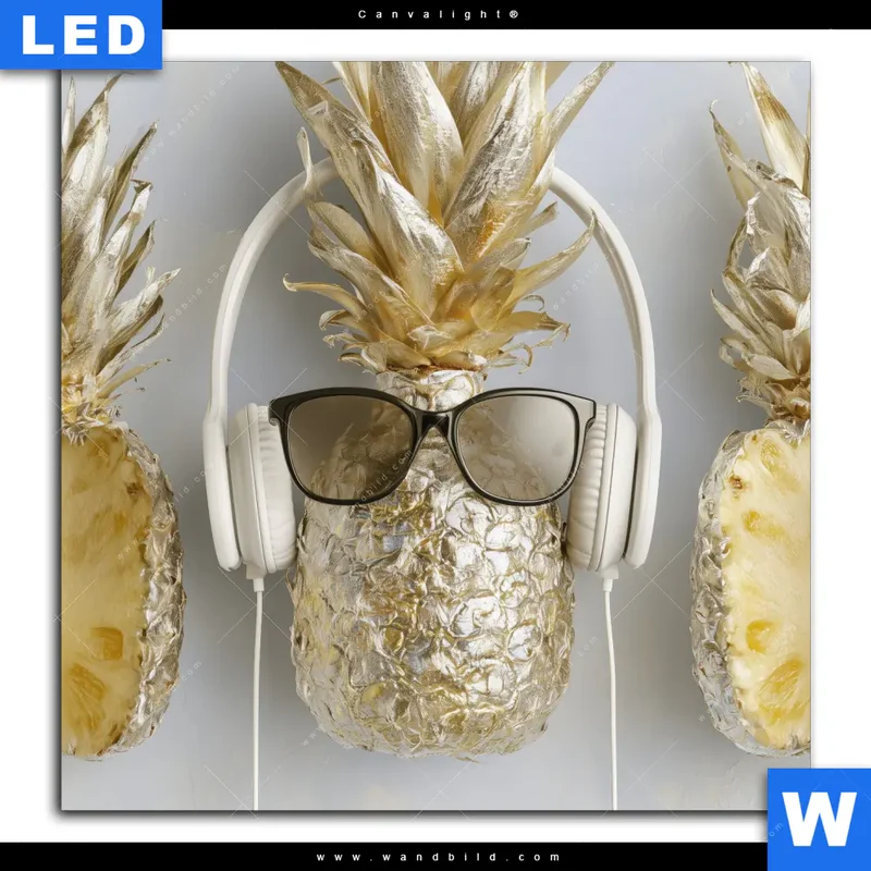 Canvalight® Leuchtbild | Goldene Ananas mit Kopfhörern | Quadrat