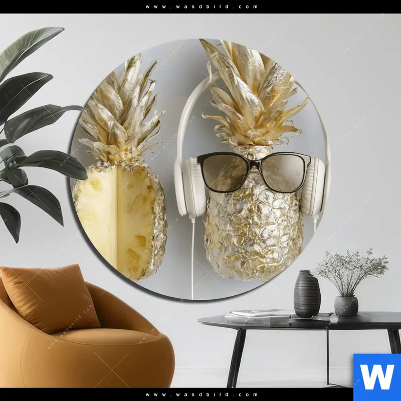 Aluminiumbild gebürstet | Goldene Ananas mit Kopfhörern | Rund