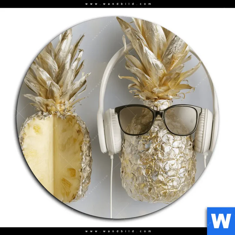 Aluminiumbild gebürstet | Goldene Ananas mit Kopfhörern | Rund