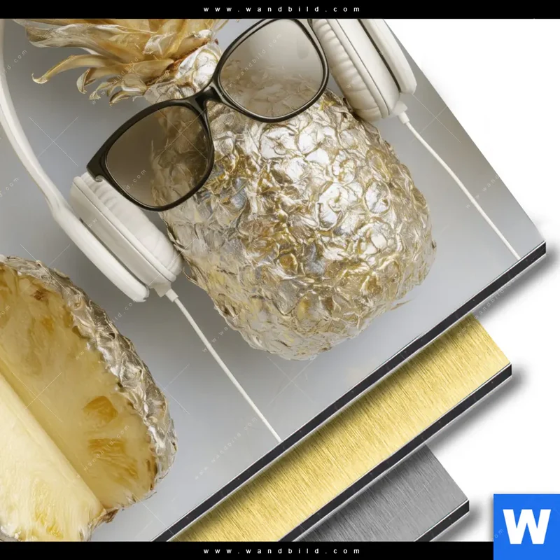 Aluminiumbild gebürstet | Goldene Ananas mit Kopfhörern | Rund