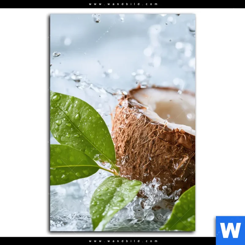 Alu-Dibond Bild | Frische Kokosnuss im Wassersplash | Hochformat