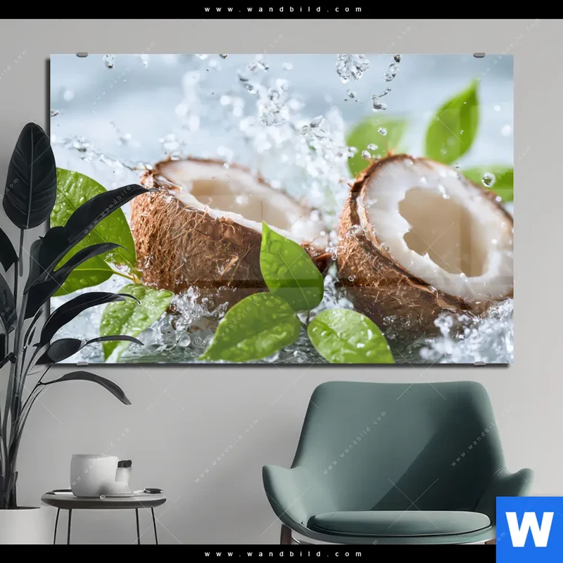 Acrylglasbild | Frische Kokosnuss im Wassersplash | Querformat